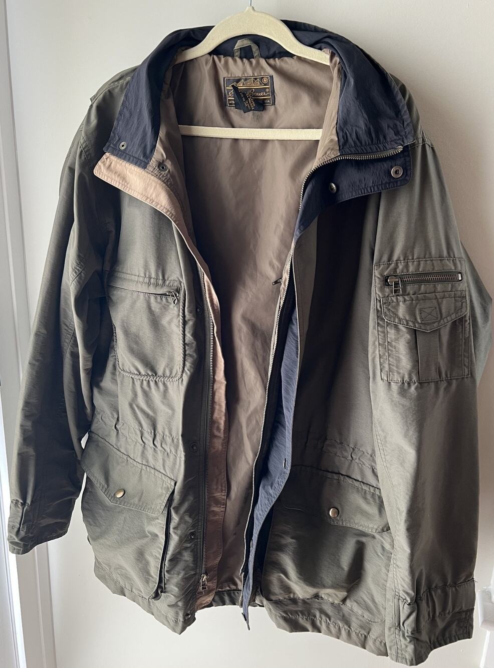 Eddie Bauer Vtg 90s Black Tag Field Jacket Olive Stowaway Hooded Mens L Gorpcore